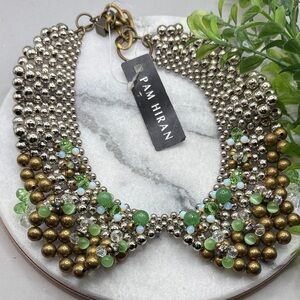 NWT Pam Hiran Anthropologie Silver & Green Beaded Collar Bib Necklace